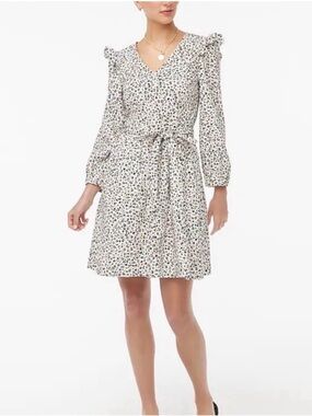 J. Crew Cream and Black Dotted V-Neck Tie-Waist Dress